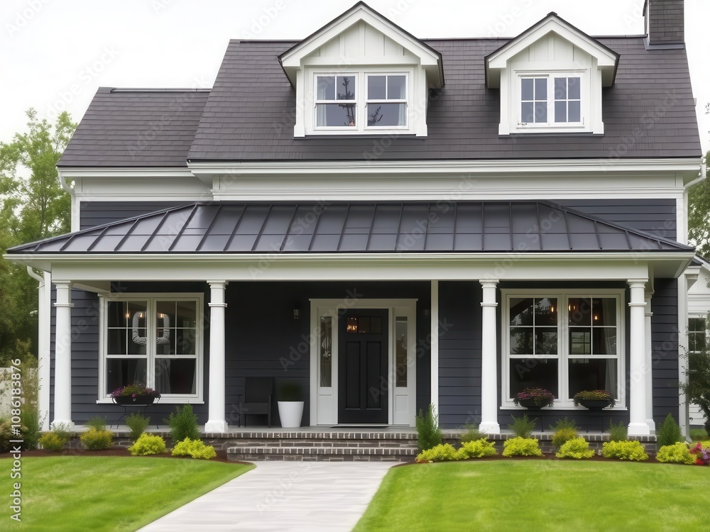 Beautiful modern farmhouse home featuring a sleek white exterior with black accents, large windows, and a welcoming front porch, beautiful, accents Beautiful modern farmhouse home featuring a sleek white exterior with black accents, large windows, and a welcoming front porch, beautiful, accents