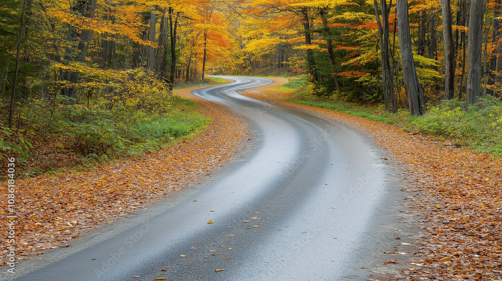 Fototapeta premium Winding Forest Road Surrounded by Vibrant Autumn Foliage in Fall
