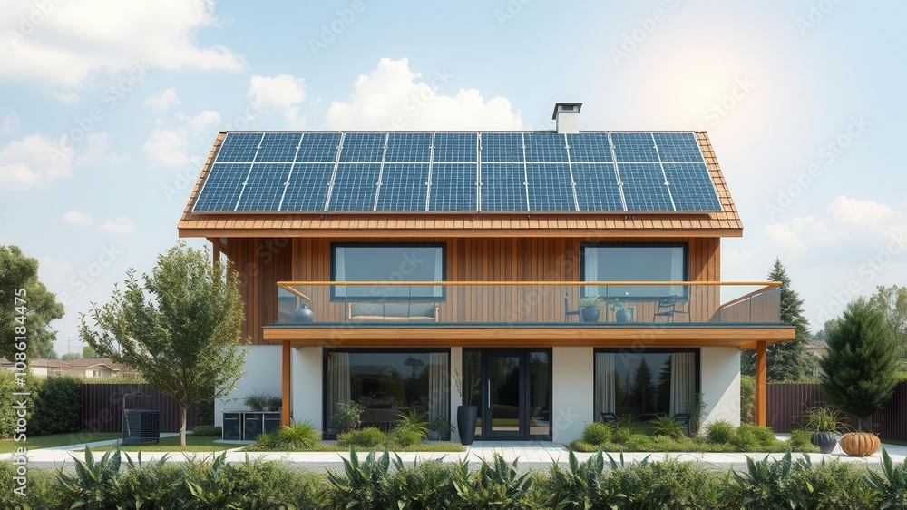 Modern solar house with rooftop solar panels and energy-efficient design, energy savings, renewable energy Modern solar house with rooftop solar panels and energy-efficient design, energy savings, renewable energy