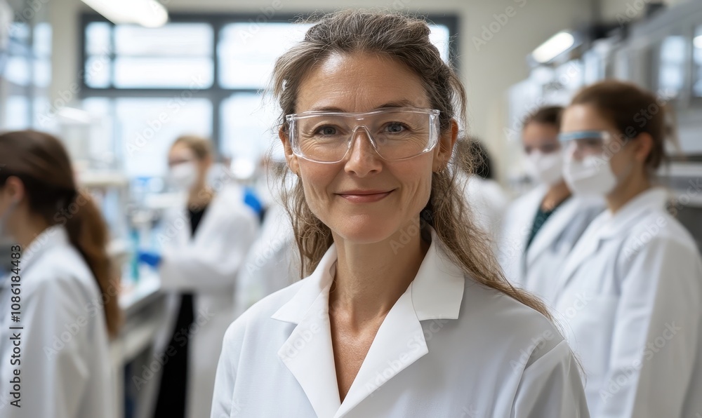 Senior female scientist with team in laboratory. image Senior female scientist with team in laboratory. image