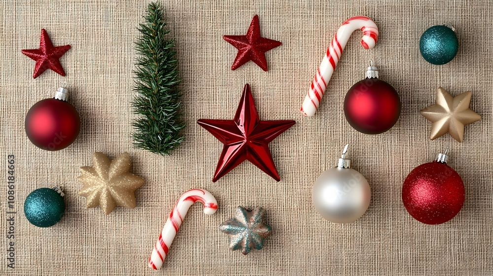 Christmas Ornaments and Candy Canes on Burlap Christmas Ornaments and Candy Canes on Burlap