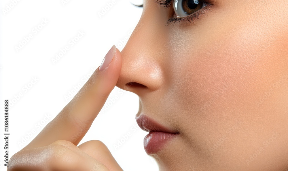 She touches her nose with a fingertip over an isolated white background. She touches her nose with a fingertip over an isolated white background.