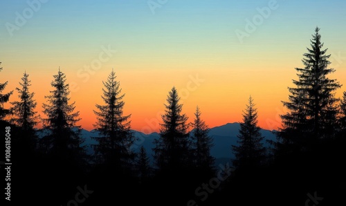 Silhouette forest landscape mountain sunset outdoors.