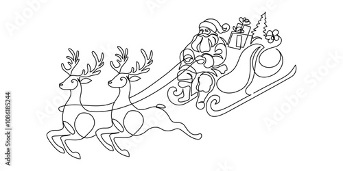 One continuous line drawing of christmas reindeer and Santa Claus. Wild animal deer with antlers is dynamic silhouette in simple linear style. Elegance editable stroke. Doodle vector illustration