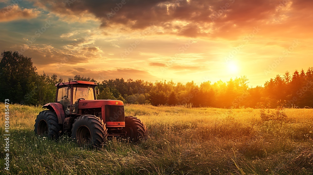 Fototapeta premium Red Tractor in a Field at Sunset