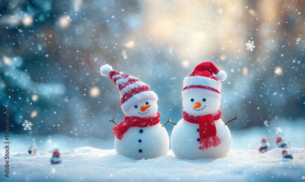 Fototapeta premium Snowmen standing in winter Christmas landscape.Winter background.