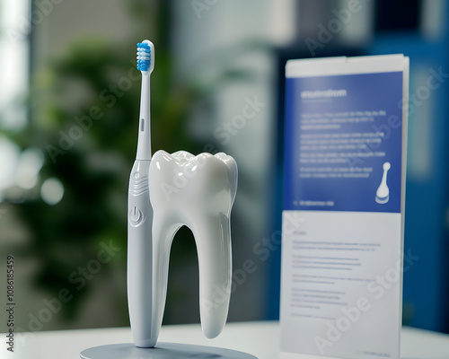A toothbrush stands beside a large tooth model and informational display in a dental setting.