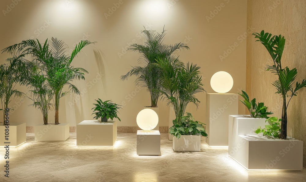 Stylish display of minimalist design with plants, white pedestals, and soft lighting in a modern interior setting Stylish display of minimalist design with plants, white pedestals, and soft lighting in a modern interior setting