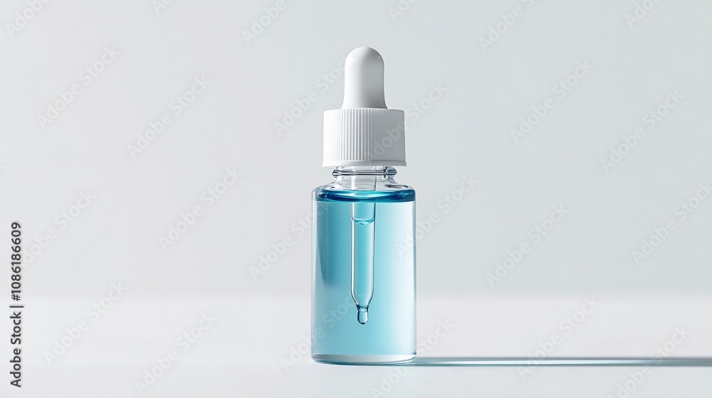 Glass Dropper Bottle with Blue Liquid on a White Background Glass Dropper Bottle with Blue Liquid on a White Background