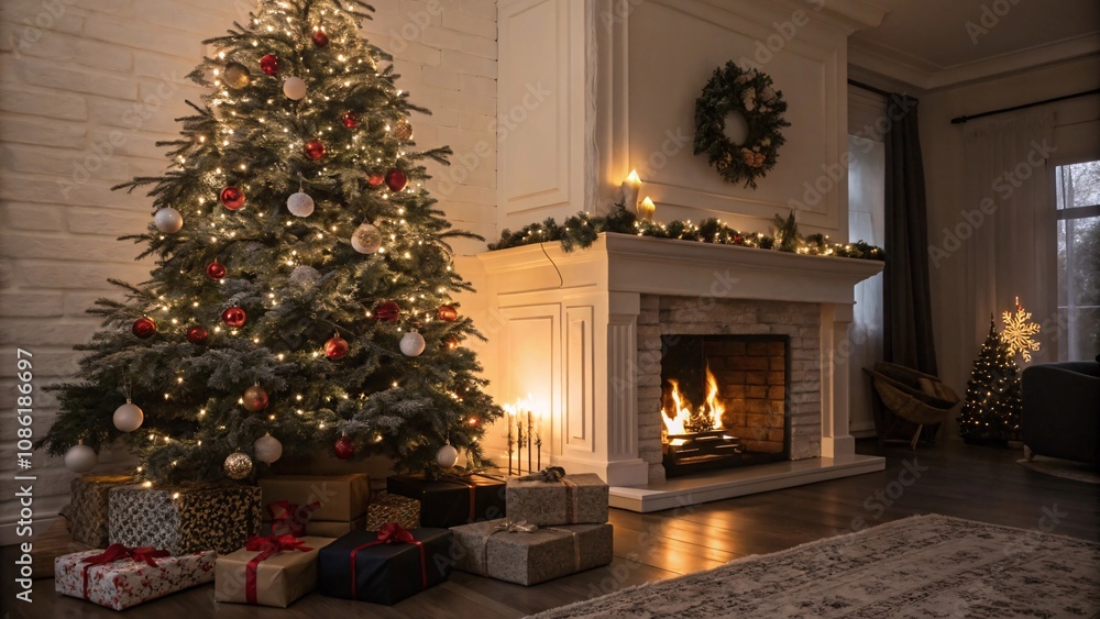 Interior Christmas scene with glowing tree, fireplace, and gifts in darkness Interior Christmas scene with glowing tree, fireplace, and gifts in darkness
