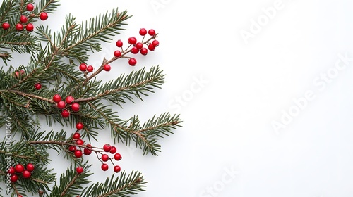 Evergreen Tree Branches with Red Berries on a White Background