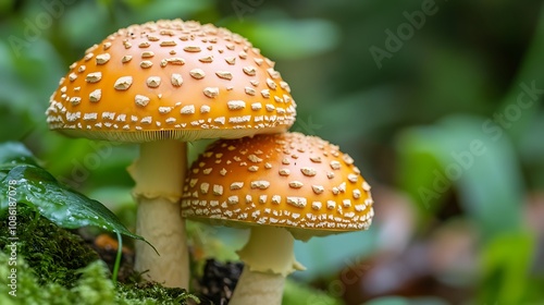 Two Orange Mushrooms in Forest