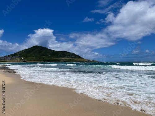 beach, sea, and mountains 