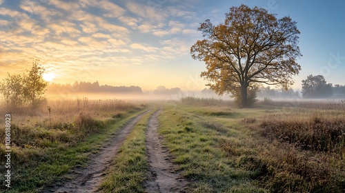 Sunrise over foggy field with tree and path