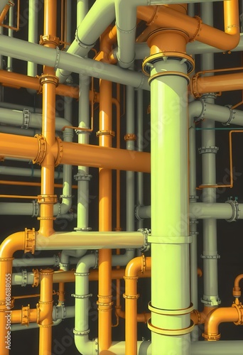 Industrial pipe network system in urban environment abstract content close-up viewpoint engineering concept for infrastructure photo