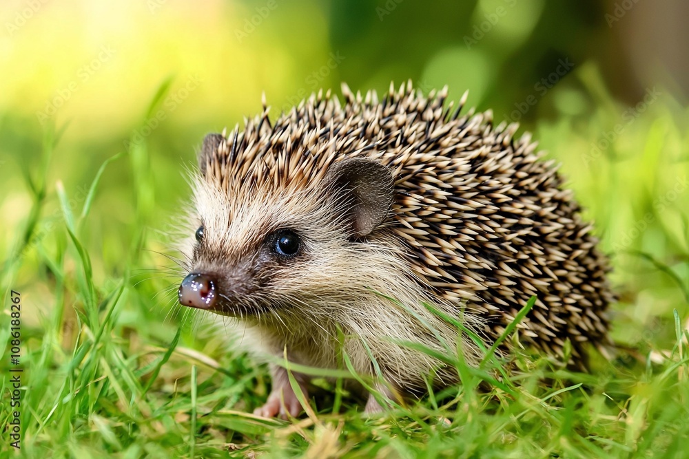 Fototapeta premium Cute Hedgehog foraging in a grassy environment