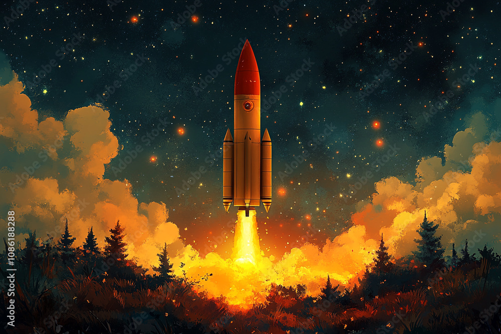 Rocket Launching Into A Starry Night Sky Rocket Launching Into A Starry Night Sky