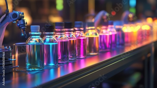 Colorful laboratory bottles illuminated in a scientific setting. photo