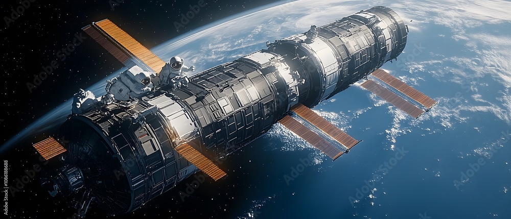 Obraz premium A detailed spacecraft orbiting Earth, showcasing advanced technology and exploration.