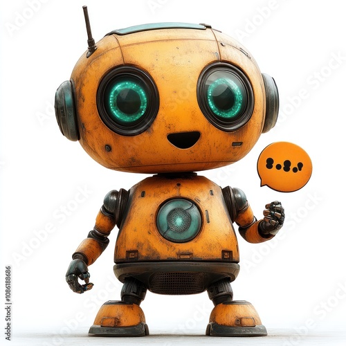 A cheerful, cartoonish robot with large eyes and a speech bubble, conveying a friendly vibe.