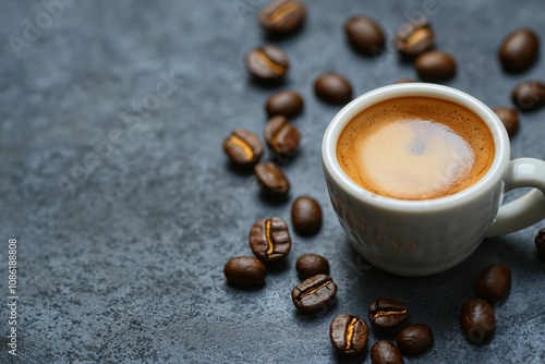 A Rich Espresso Surrounded by Coffee Beans on a Dark Surface