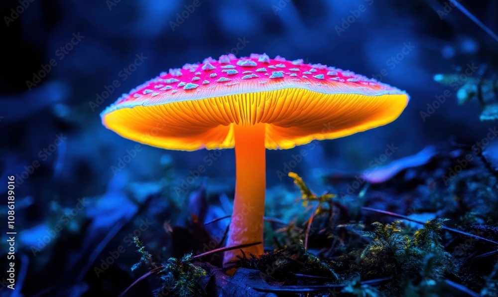 Fototapeta premium Vibrant neon mushroom glowing in a dark forest. image