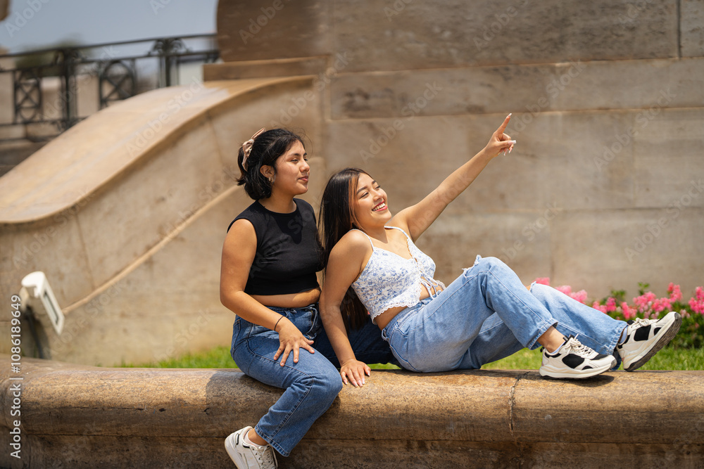 Two friends enjoying lifestyle in trujillo, peru, pointing at something