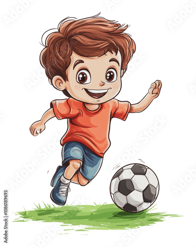 PNG Young boy running after a soccer ball outdoors