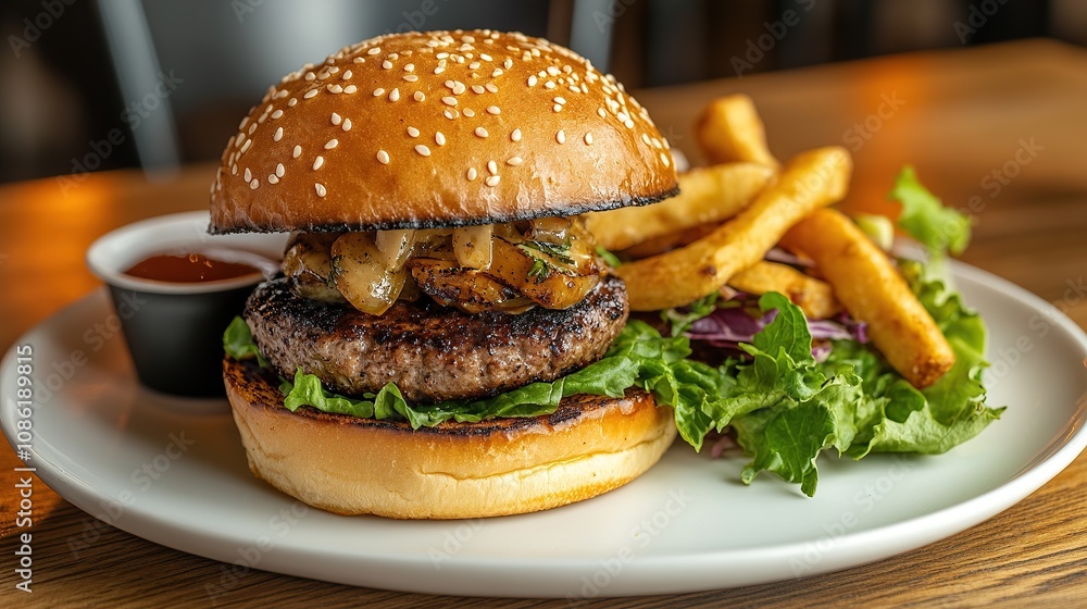 A delicious burger with fries and salad on a plate, served with dipping sauce. A delicious burger with fries and salad on a plate, served with dipping sauce.
