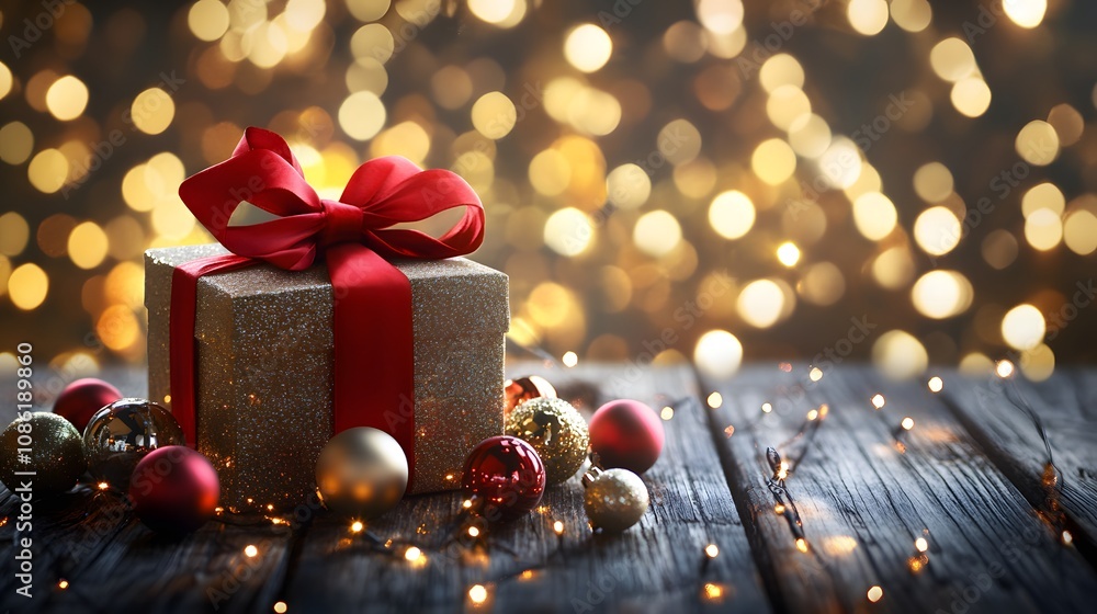 A Glittery Gift Box with Red Ribbon Surrounded by Christmas Ornaments and Lights A Glittery Gift Box with Red Ribbon Surrounded by Christmas Ornaments and Lights