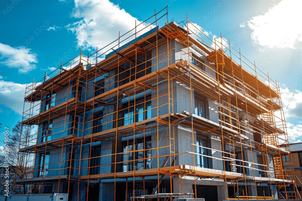 modern architecture construction site with scaffolding under blue sky modern architecture construction site with scaffolding under blue sky