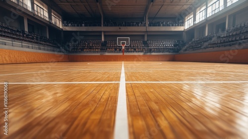 Wide-angle view of an indoor court with no players. Clearly marked lines in white on wooden floor. Stands in background filled with spectators