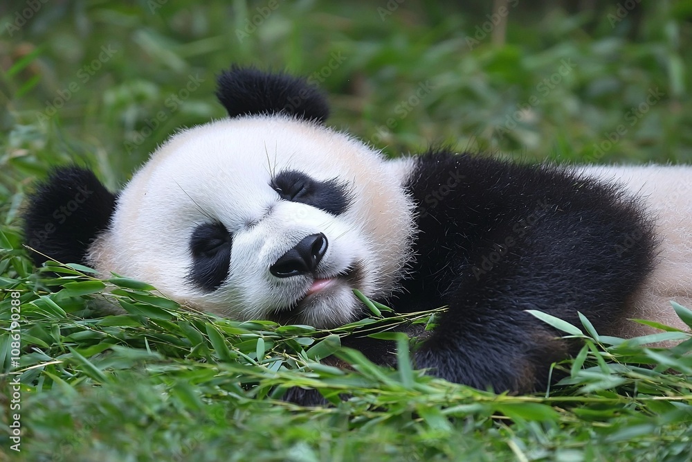 Naklejka premium Relaxing Panda Enjoying Nature's Greenery