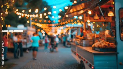 A lively food market scene illuminated by string lights, filled with people enjoying various food stalls.