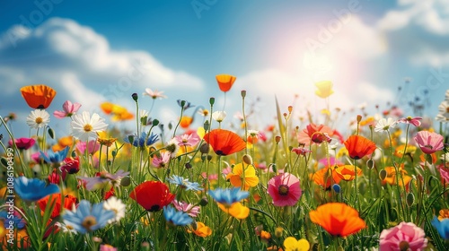 Vibrant Meadow with Colorful Wildflowers under a Blue Sky