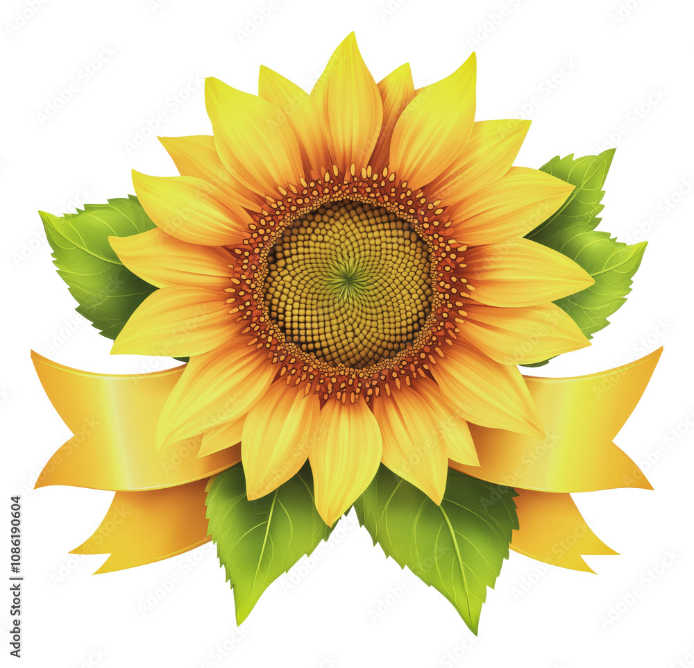 Fototapeta premium PNG Beautiful sunflower with green leaves and ribbon