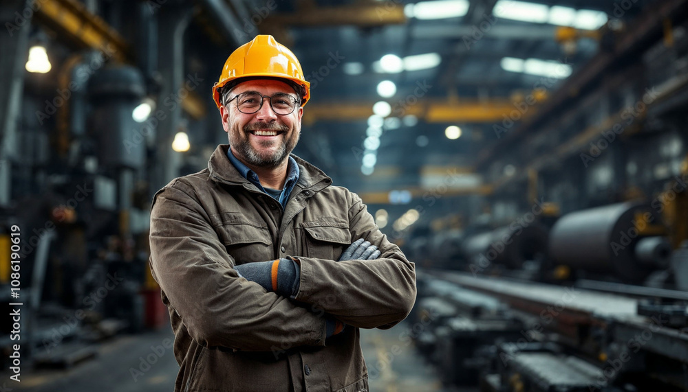 A confident metal worker stands proudly in a steel factory, symbolizing expertise. A confident metal worker stands proudly in a steel factory, symbolizing expertise.