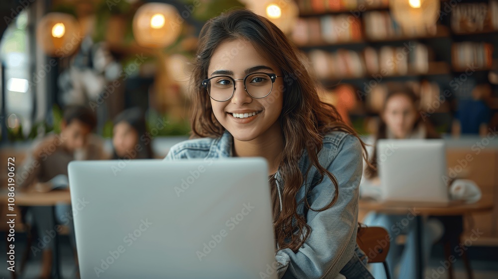 Smiling young Indian female student using laptop in modern cafe, studying with classmates in university Smiling young Indian female student using laptop in modern cafe, studying with classmates in university