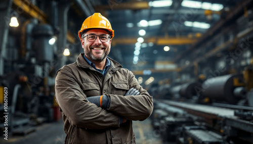  A confident metal worker stands proudly in a steel factory, symbolizing expertise.