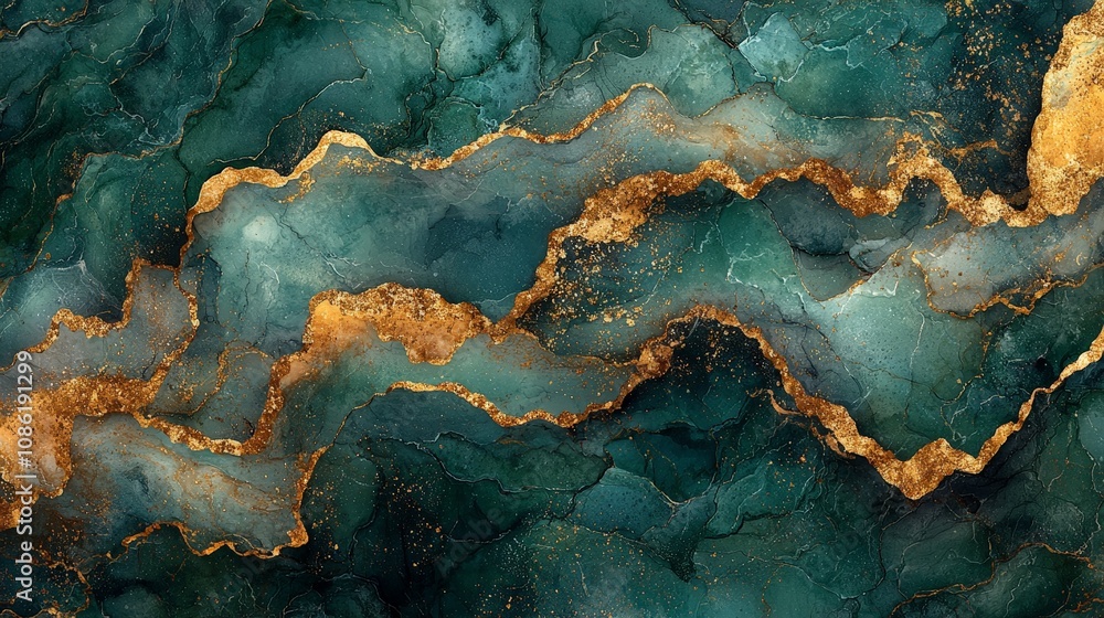 Abstract fluid art featuring teal, gold, and green waves creating a serene visual effect. Abstract fluid art featuring teal, gold, and green waves creating a serene visual effect.