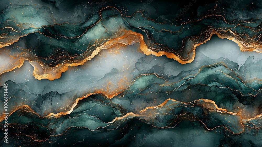 Abstract fluid art featuring teal, gold, and soft white waves. Abstract fluid art featuring teal, gold, and soft white waves.