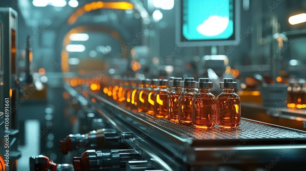 Bottles of liquid on a conveyor belt in a modern industrial setting. Bottles of liquid on a conveyor belt in a modern industrial setting.
