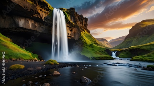 Beautiful summer scenery. Splendid morning view of Kvernufoss watterfall. Picturesque summer sunrise in Iceland, Europe. Beauty of nature concept background Generative AI photo