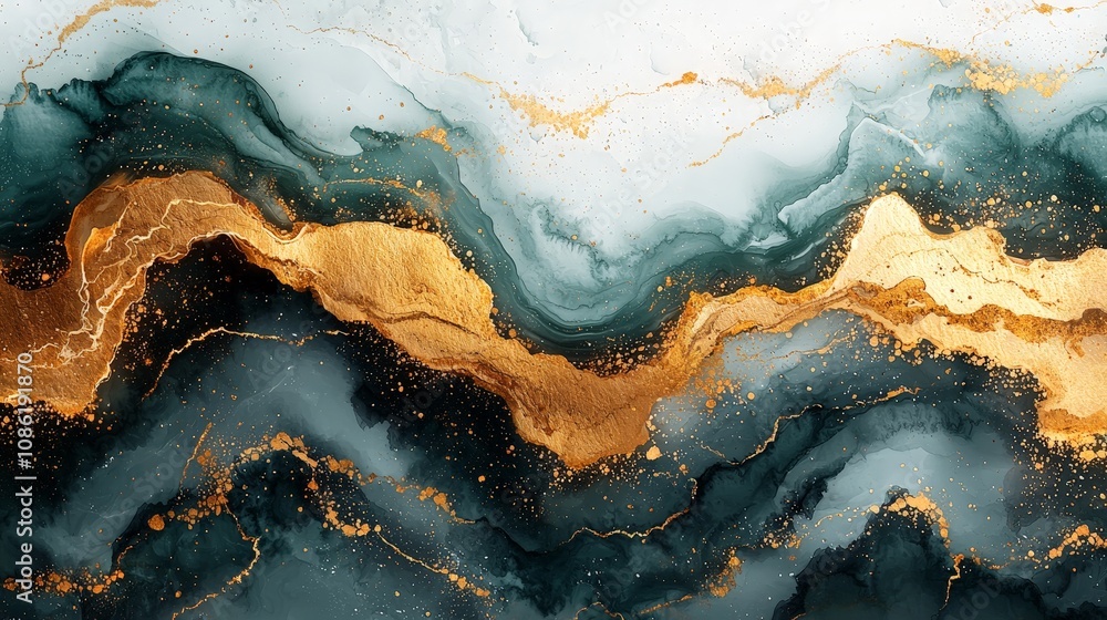 Abstract fluid art featuring teal, gold, and white swirls with a luxurious aesthetic. Abstract fluid art featuring teal, gold, and white swirls with a luxurious aesthetic.