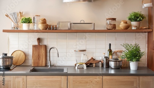 Wallpaper Mural Cozy home kitchen interior with cooking cabinet, bar island and kitchenware Torontodigital.ca