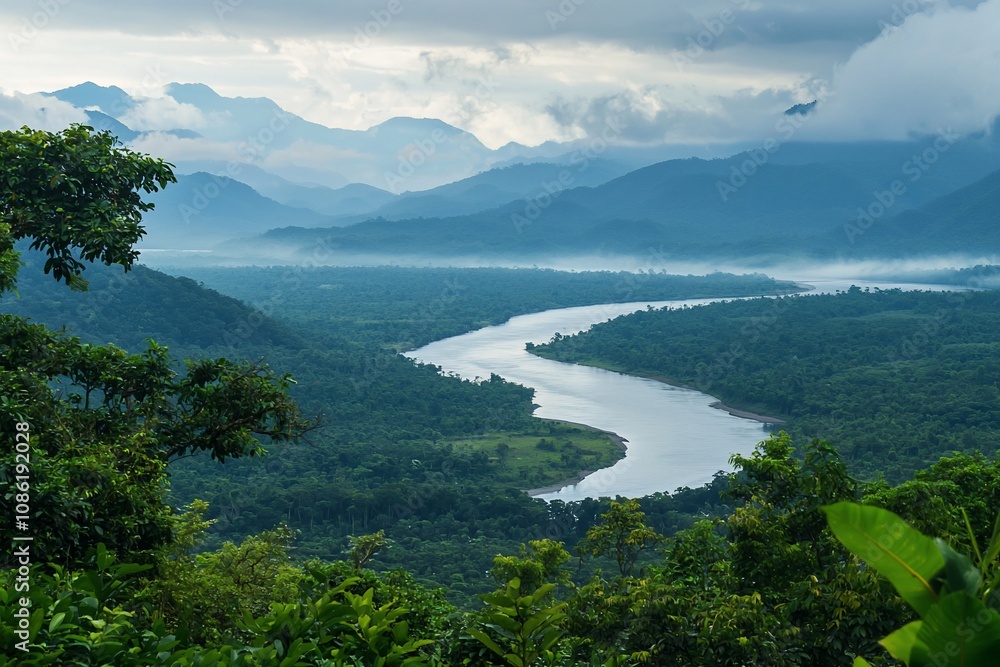Serene Valley with Meandering River Under Cloudy Skies Serene Valley with Meandering River Under Cloudy Skies