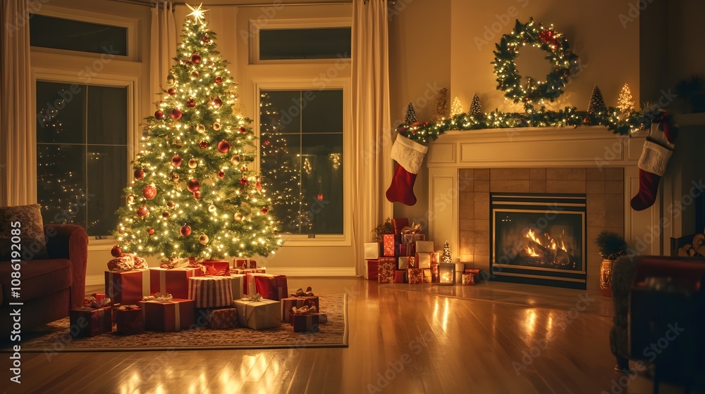 Christmas Tree with Presents and a Fireplace in a Cozy Living Room Christmas Tree with Presents and a Fireplace in a Cozy Living Room