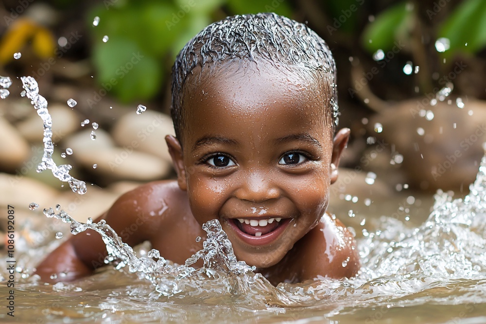 Joyful Moments: A Child Playing in Water with a Bright Smile Joyful Moments: A Child Playing in Water with a Bright Smile