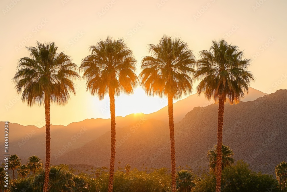 Desert Oasis Sunset with Palm Trees and Mountains in California Desert Oasis Sunset with Palm Trees and Mountains in California