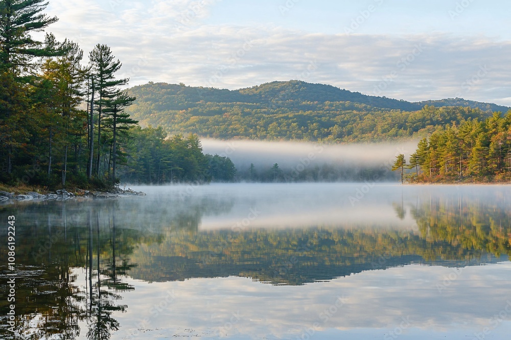 Serene Reflections: Misty Morning on a Calm Lake Surrounded by Lush Forests Serene Reflections: Misty Morning on a Calm Lake Surrounded by Lush Forests